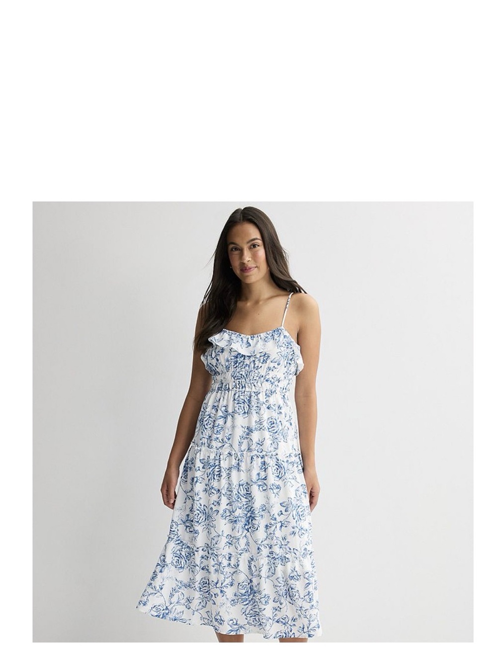 Kohl's Americana White Floral Midi Dress with Blue Print